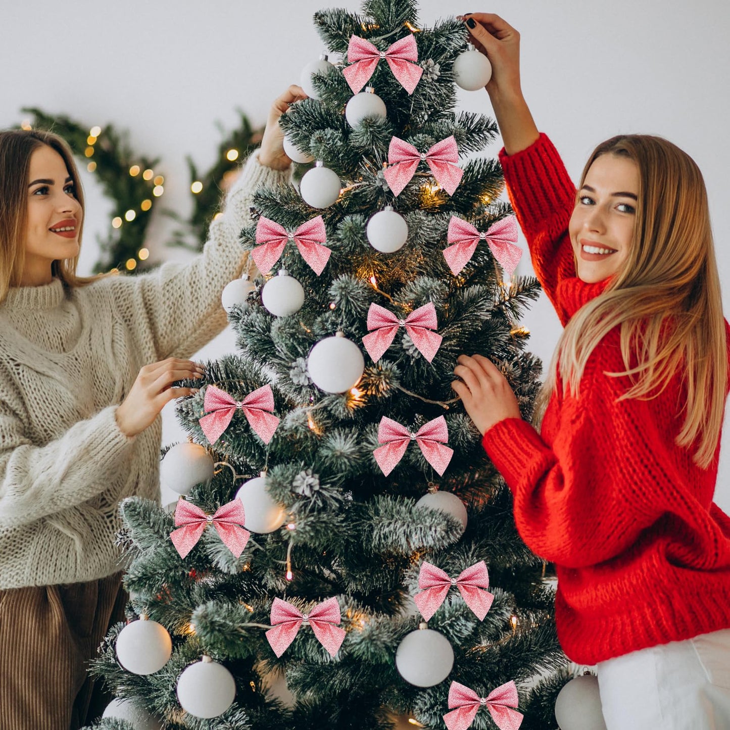 FYFLED Candy Cane Christmas Tree Decorations - 12 Pcs Candy Cane Ornaments for Tree, Glitter Candy Cane Bows for Xmas Tree Hanging Ornament Festival Party Home Decor, Pink