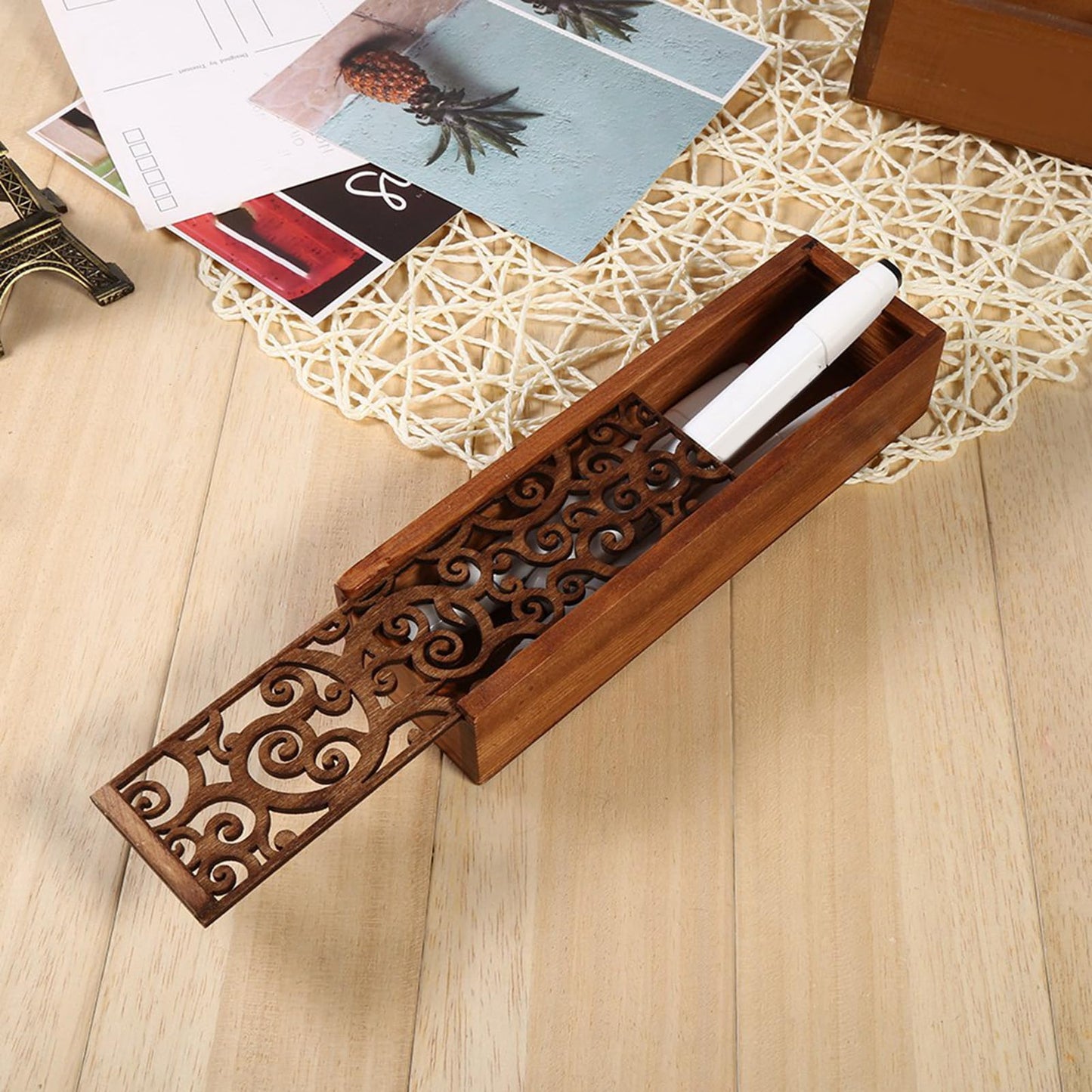 GBSCLOVER Wooden Pen Box, Retro Wood Pen Storage Case with Removable Cover, Multifunctional Pen Storage Wooden Box 7.7x2.2x1.6in for Store Jewelry Cosmetic