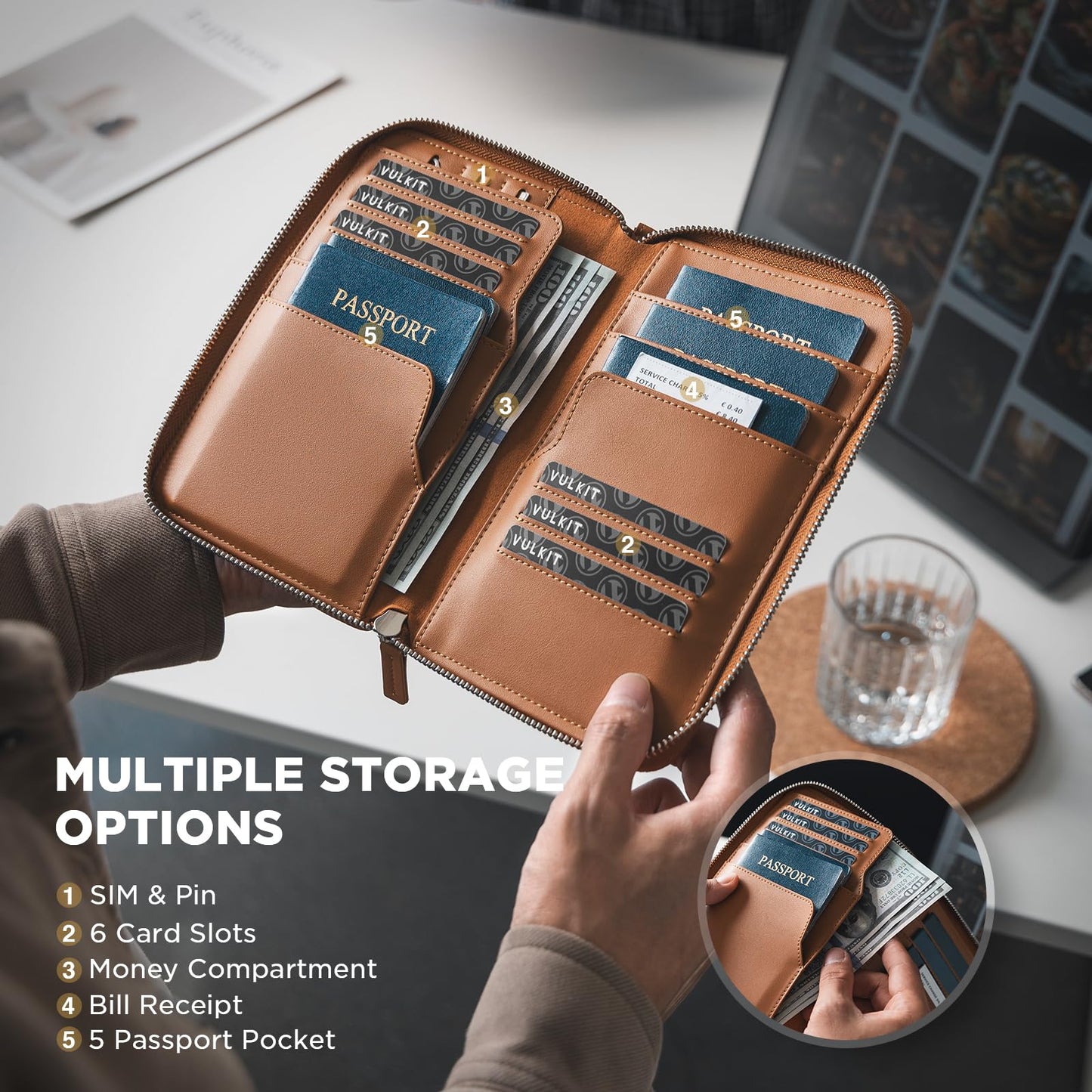VULKIT Leather Passport Holder Family Travel Document Organizer with RFID Blocking Travel Wallet Slim Dual Slots SIM Card and Multiple Card Holders for Men and Women (Brown)