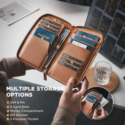 VULKIT Leather Passport Holder Family Travel Document Organizer with RFID Blocking Travel Wallet Slim Dual Slots SIM Card and Multiple Card Holders for Men and Women (Brown)
