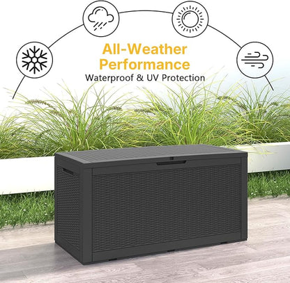 100 Gallon Deck Box Outdoor Waterproof, Rattan Outdoor Storage Box, Patio Storage Boxes for Cushions, Pillow, Garden Tools, Equipment