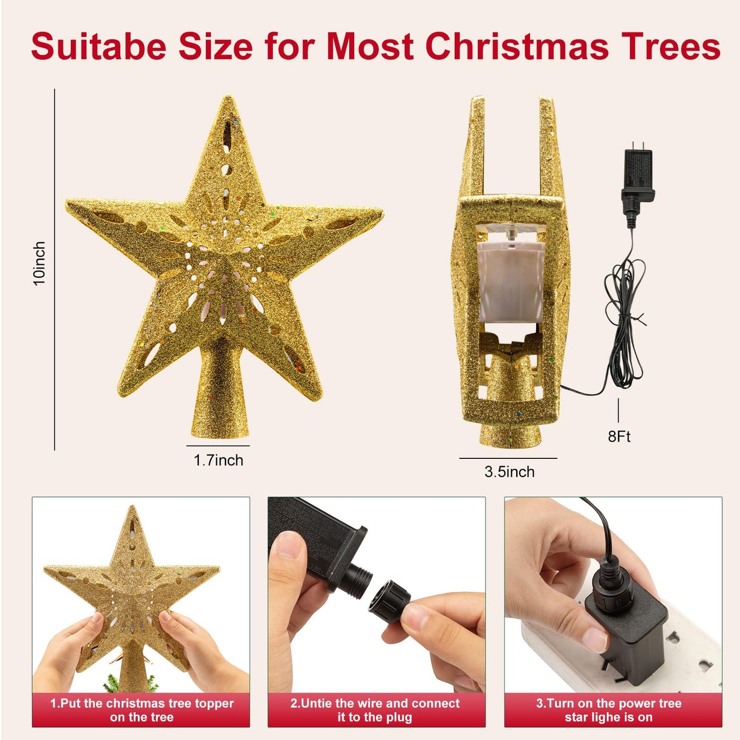 Christmas Tree Topper Lighted with Golden Snowflake Projector, 3D Holographic Rotating LED Magic Light, Christmas Tree Star Topper for Christmas Tree Decorations