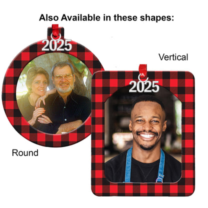 Expressly Yours! Photo Expressions 2025 Photo Ornaments for Christmas Tree, Christmas Picture Frame Ornament, Easy-Load Magnetic Frame with Ribbon, Charm & Photo Protector, Horizontal Buffalo Plaid