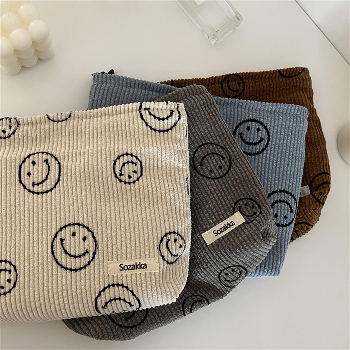 Gardsell Cosmetic Bags for Women - Corduroy Cosmetic Bag Aesthetic Women Handbags Purses Smile Dots Makeup Organizer Storage Makeup Bag Girls Case Bags (A-Beige)