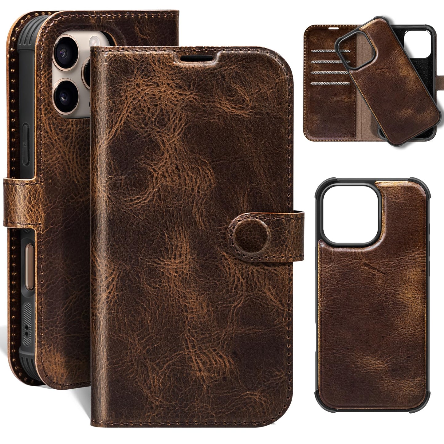 RMAWRAD Leather Case Compatible with iPhone 16 Pro Max Wallet 6.9",Genuine Leather 2in1 Magnetic Detachable Shockproof Kickstand,Flip Folio Cover with Card Slot,Wireless Charging RFID Blocking Brown
