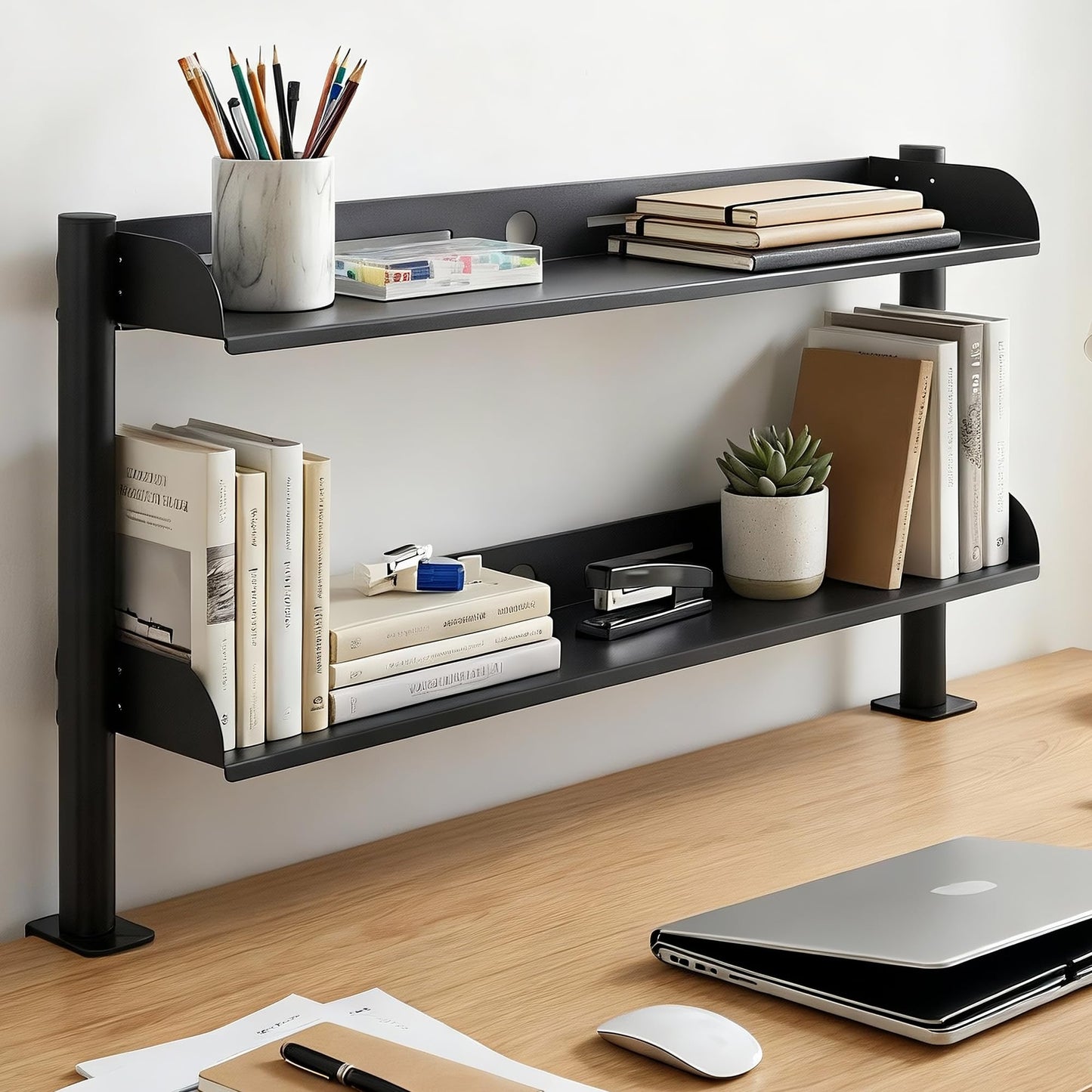 MLLNFUE 24-Inch Clamp On Desktop Shelf, 2-Tier Office Desk Organizer, Extended Compact Desk Shelf for Home Workspace, Study Room, and Gaming Accessories Storage