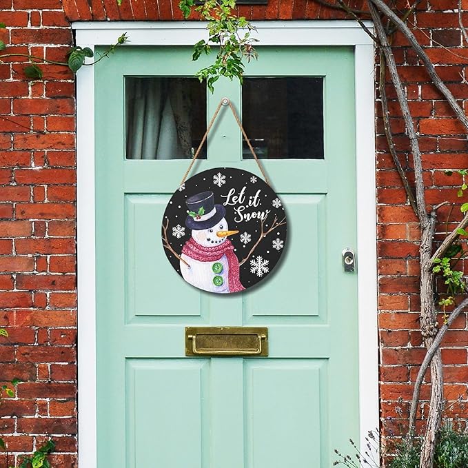 Winter Snowman Sign for Front Door Christmas Snowflake Wood Door Hanger 12"x12" Holiday Welcome Decorations Rustic Snowflakes Black Winter Wreath Wall Hanging Decoration for Home Wall Porch Yard Garden