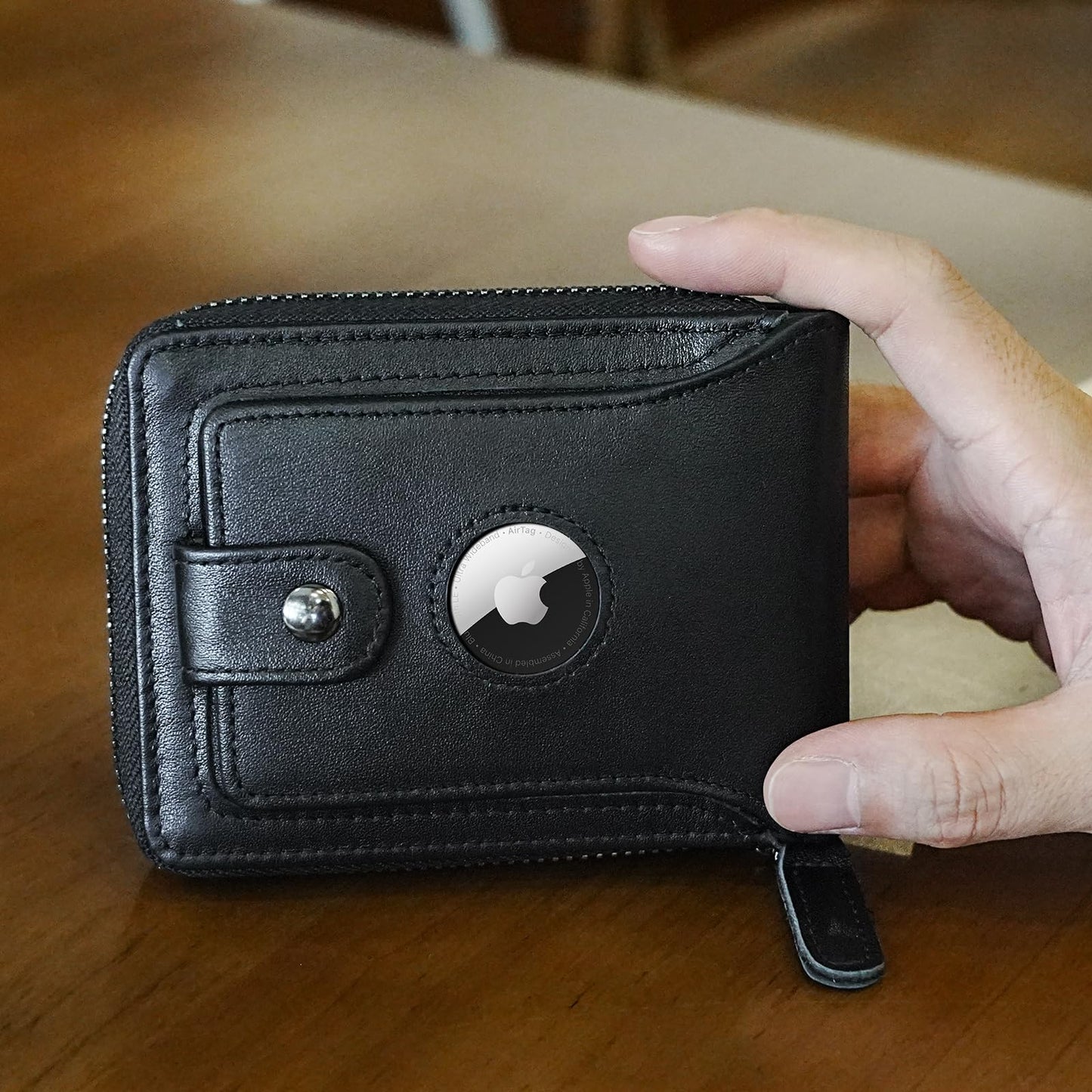 Polare Napa Leather Wallet for Men Bifold RFID Blocking Cash Credit Card Case with Air Tag Slot and YKK Zip Coin Pocket (Black with AirTag Slot)