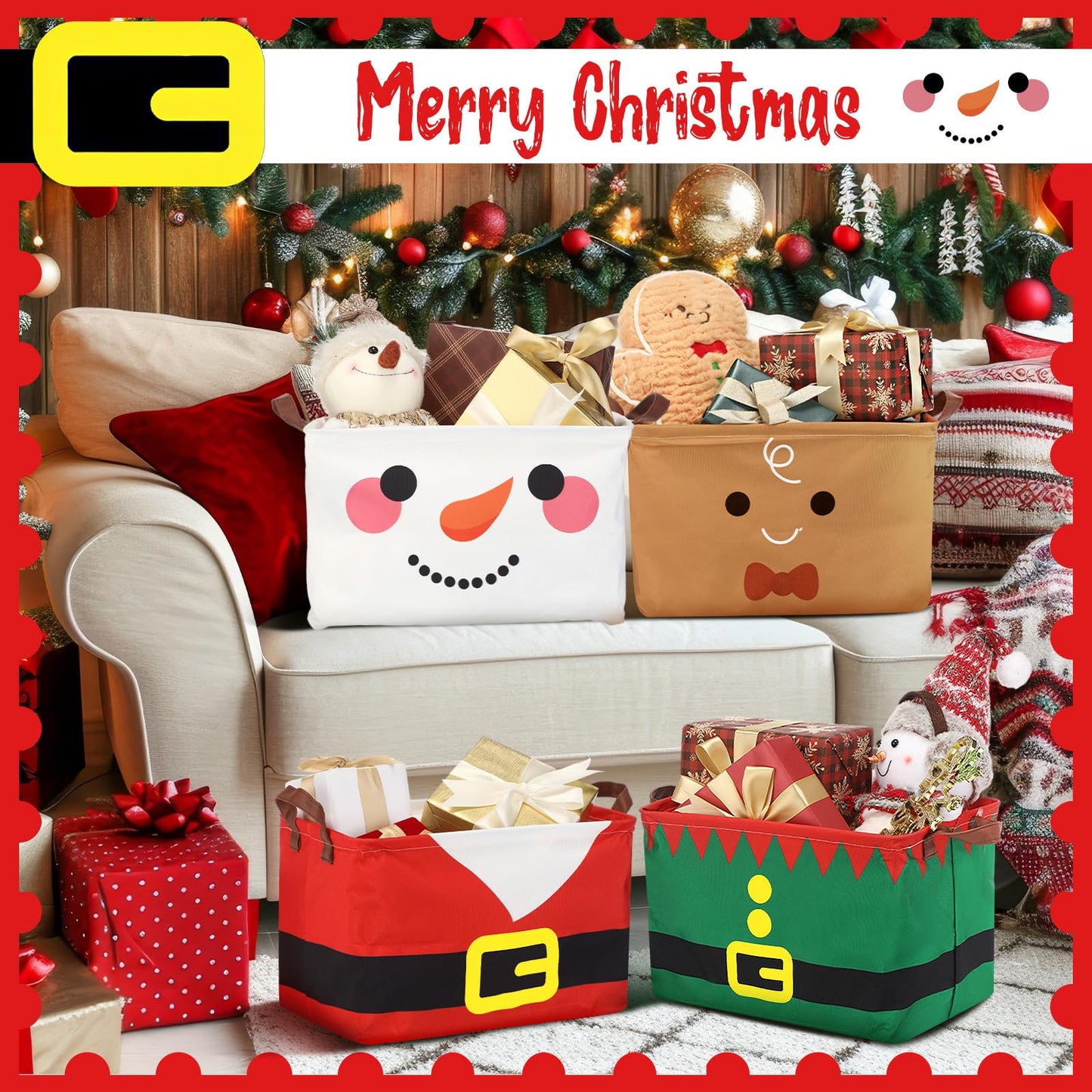Wesnoy 4 Pcs Christmas Storage Bins 14.2 x 8.7 x 9.5 Inch Red Green Santa Claus Gingerbread Foldable Christmas Baskets for Gift Collapsible Xmas Organizer Cube Box with Handle for Office Home Bedroom