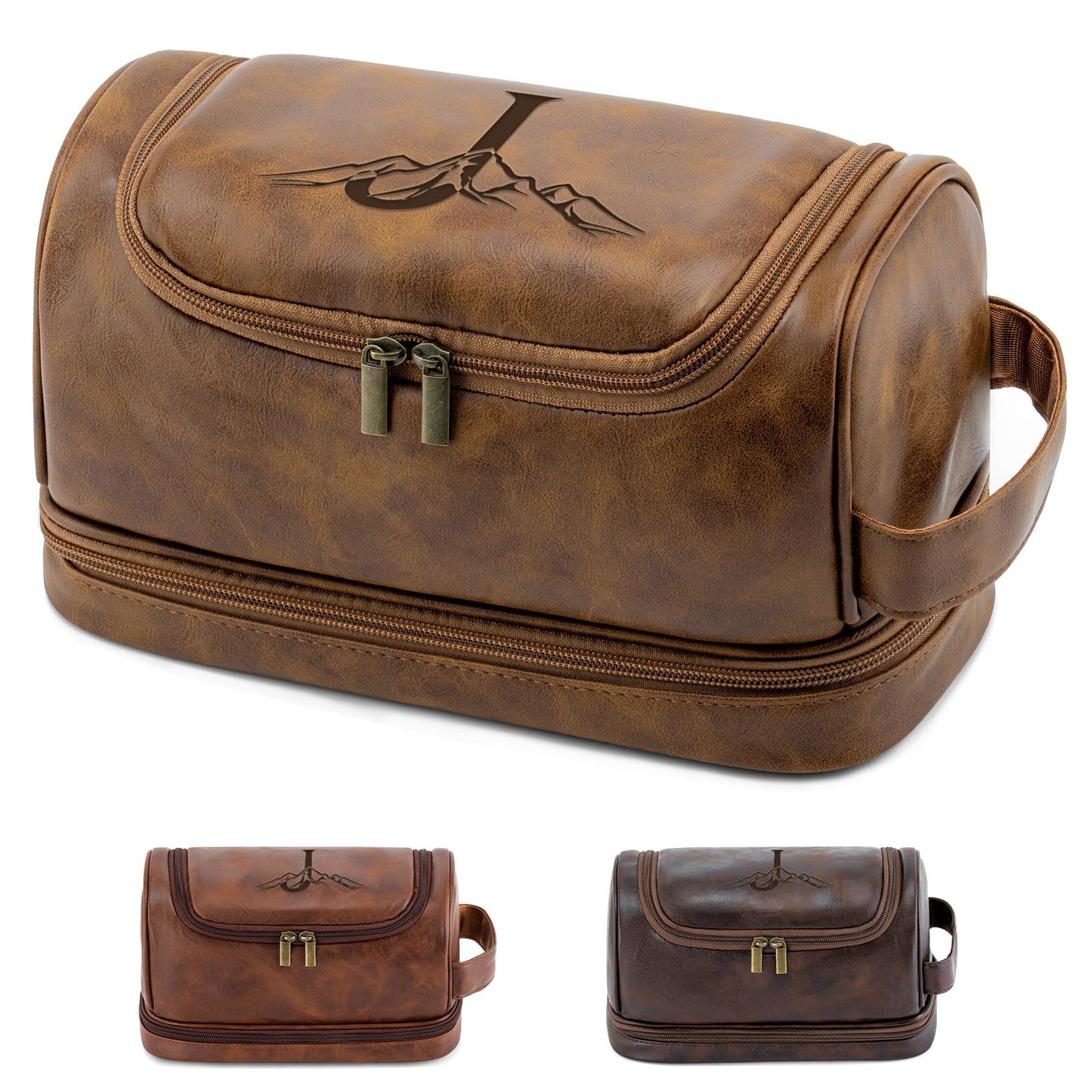 Aganmi Personalized Toiletry Bag Fathers Day Birthday Gifts for Men Dad Husband, Custom Initial Waterproof PU Leather Toiletry Organizer Dopp Kit Shaving Bag Travel Essential for Him Light Brown J