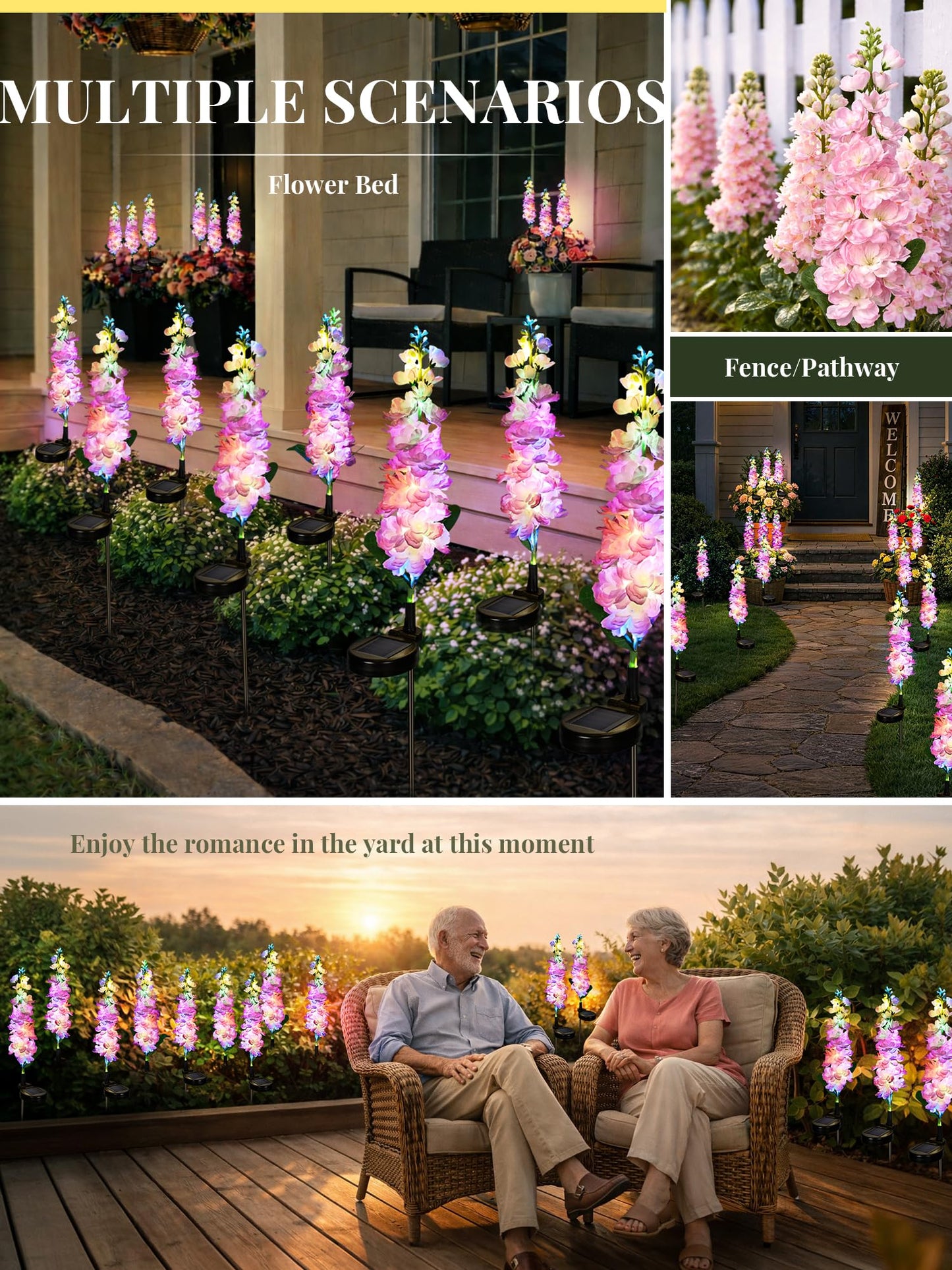 GIGALUMI Solar Lights Outdoor for Garden Decor, 3 Pack Solar Flower Lights Waterproof, 2 Lighting Modes Delphinium for Pathway,Yard, Patio Decoration, Gardening Gifts for Women (Pink)