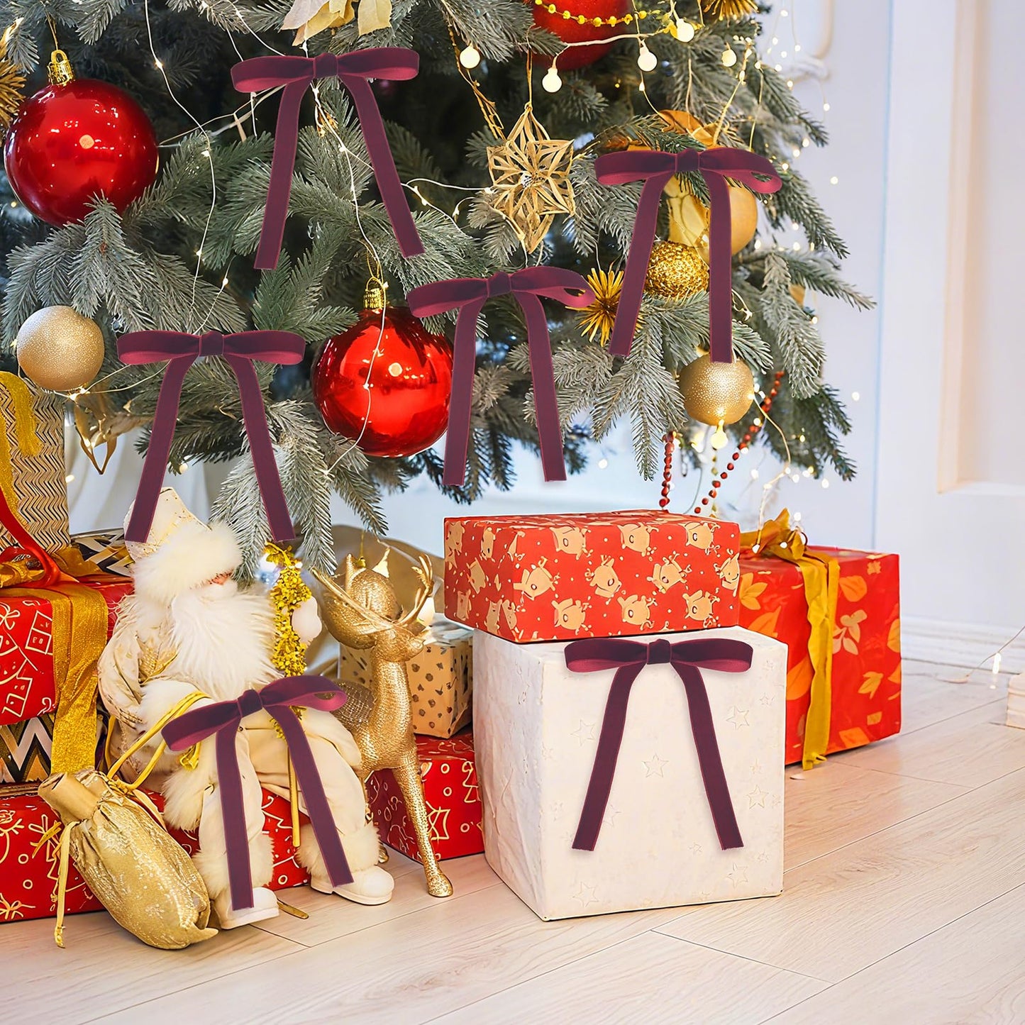 Burgundy Velvet Bows for Christmas Tree, 24 PCS Small Dark Red Christmas Bows Decorations, Maroon Bow Ornaments for Xmas Tree, Wreaths, Garland, Holiday, Gift Wrapping - 5/8'' Wide, 5 × 7 inch