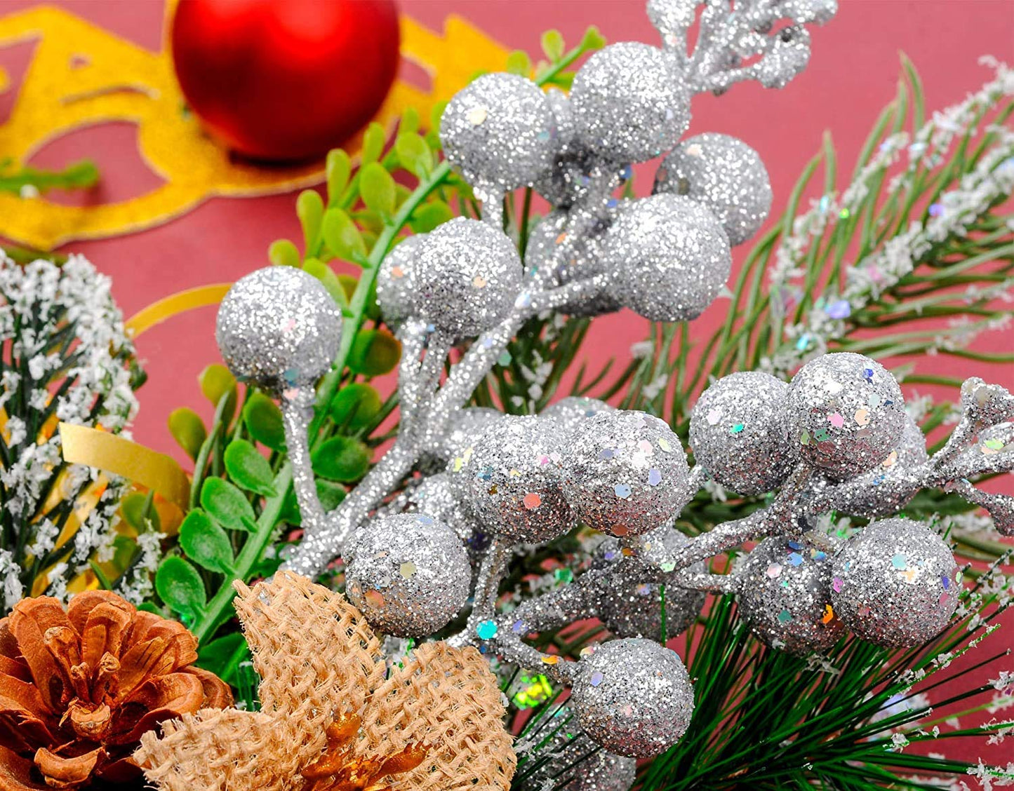 Kubert 15 Pack Christmas Glitter Berries Stems, 8 Inch Artificial Christmas Picks for Christmas Tree Ornaments, DIY Xmas Wreath, Crafts, Holiday and Home Decor (Purple)