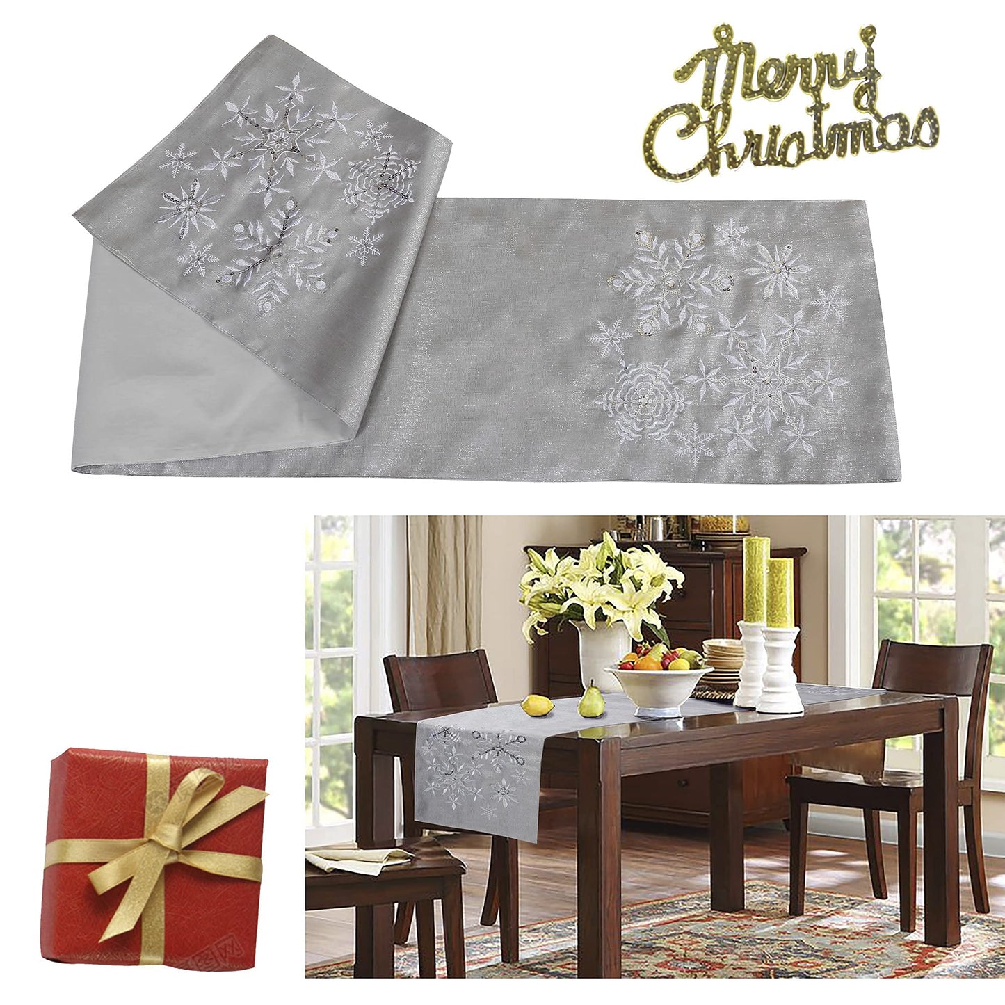 OWENIE Christmas Table Runner, Snowflake Silver Grey Table Runners, Xmas Holiday Tabletop Decor, Embroidery Table Centerpieces with Sequins and Diamonds, Glittering Winter Home Decorations, 14X70 Inch