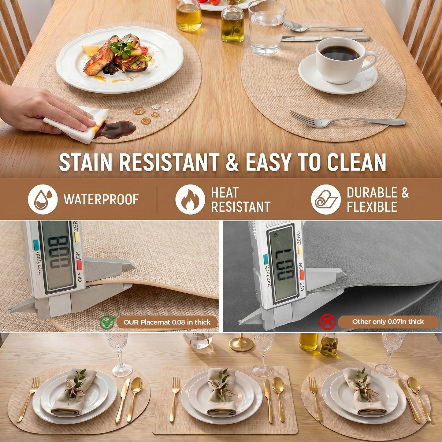 Faux Leather Placemats Set of 6, Wipeable Waterproof Stain Resistant Table Mats, Heat Resistant Thick Placemats with Hand-Painted Edges for Kitchen Dining, Imitative Linen Texture, Various Shapes