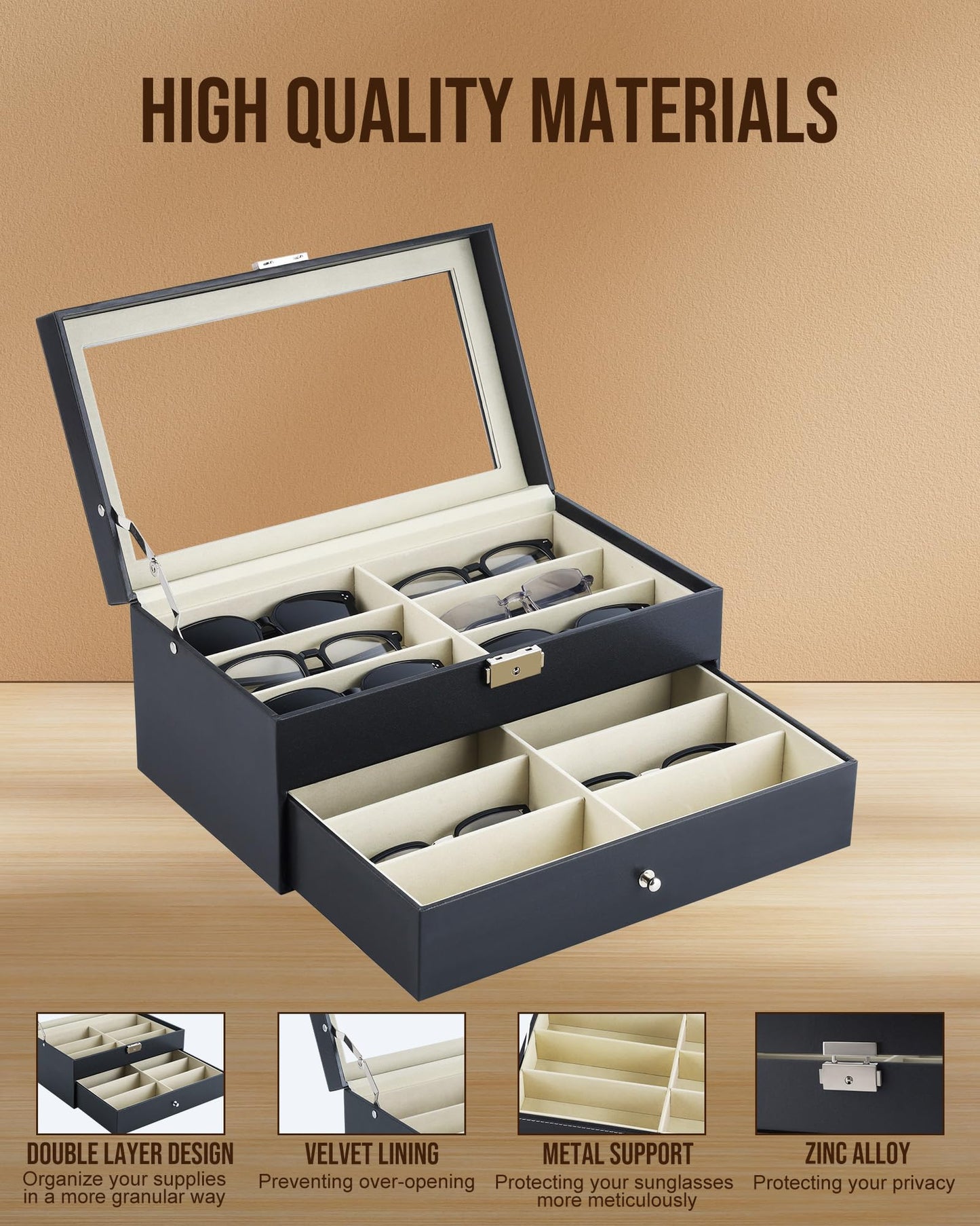 Anfrere 12 Slot Sunglasses Organizer, Lockable Leather Multi Eyeglasses Organizer with Drawers, Eyeglass Frames with Clear Glass Covers for Watch Jewelry Collection, Black