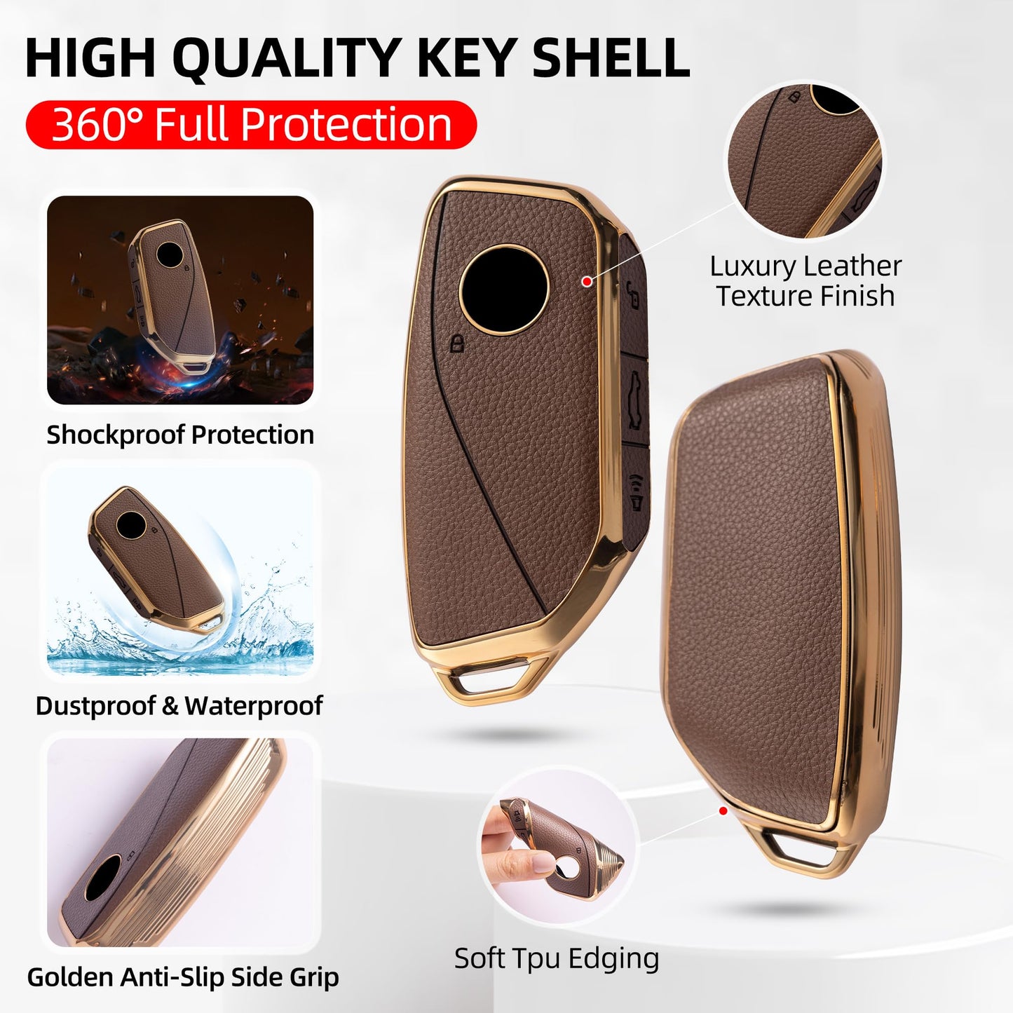 GripKeyShell™ for BMW Key Fob Cover, Leather + Soft TPU Car Key Case with Keychain Compatible with 2023–2026 5 7 Series 740i 760i, X1 X2 X3 X5 X6 X7, i5 i7 iX iX3 XM Smart Key