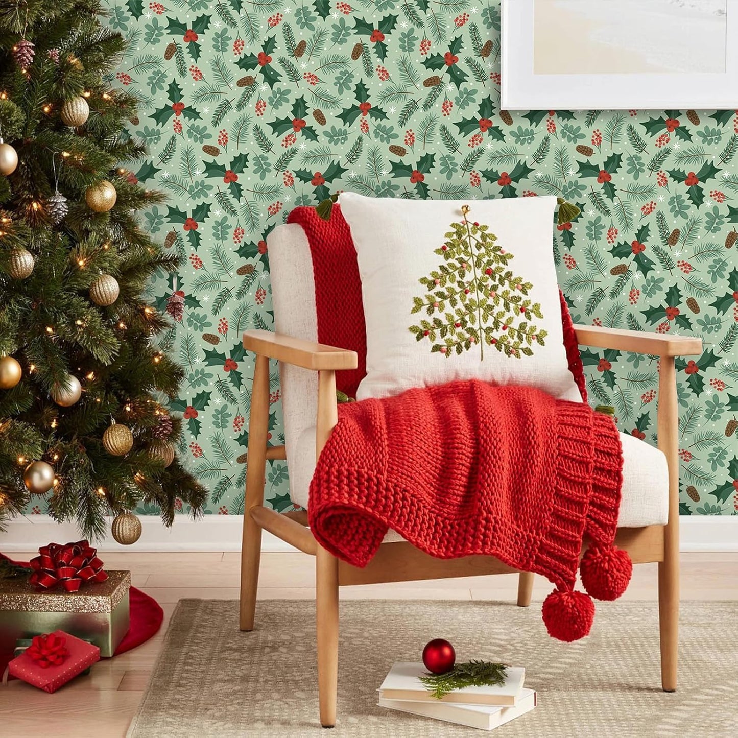 TOARTi Christmas Wallpaper Peel and Stick Green Leaves Christmas Contact Paper for Cabinets Bedroom Xmas Backdrop for Winter New Year Xmas Party Decor
