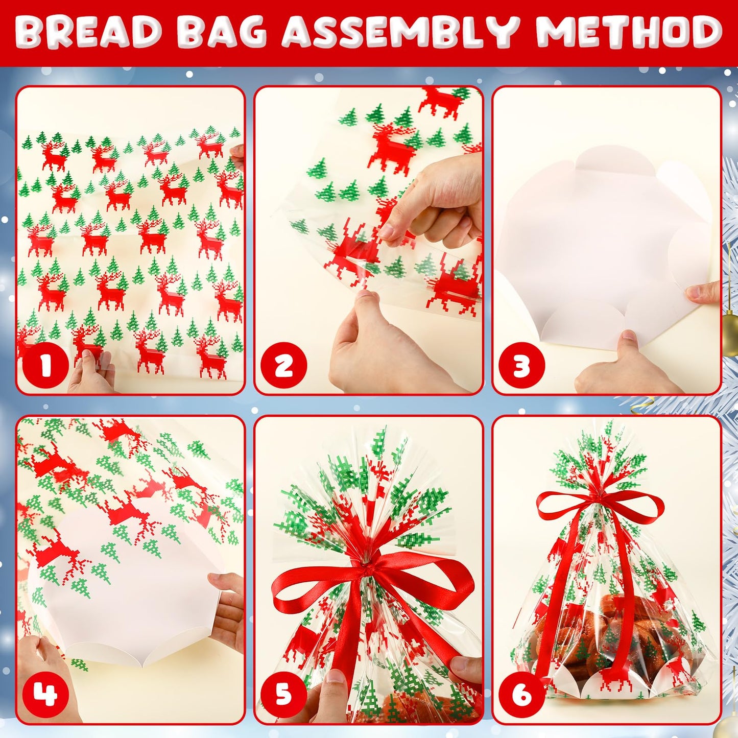 Sunnychicc 24 Pack Christmas Clear Plastic Bake Bags with 8'' Cake Tray Red Ribbon Bakery Gift Packaging Santa Snowman Elk Snowflake Pattern Cellophane Treat Bags for Toast Bread Cookies Candy Food