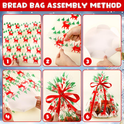 Sunnychicc 24 Pack Christmas Clear Plastic Bake Bags with 8'' Cake Tray Red Ribbon Bakery Gift Packaging Santa Snowman Elk Snowflake Pattern Cellophane Treat Bags for Toast Bread Cookies Candy Food