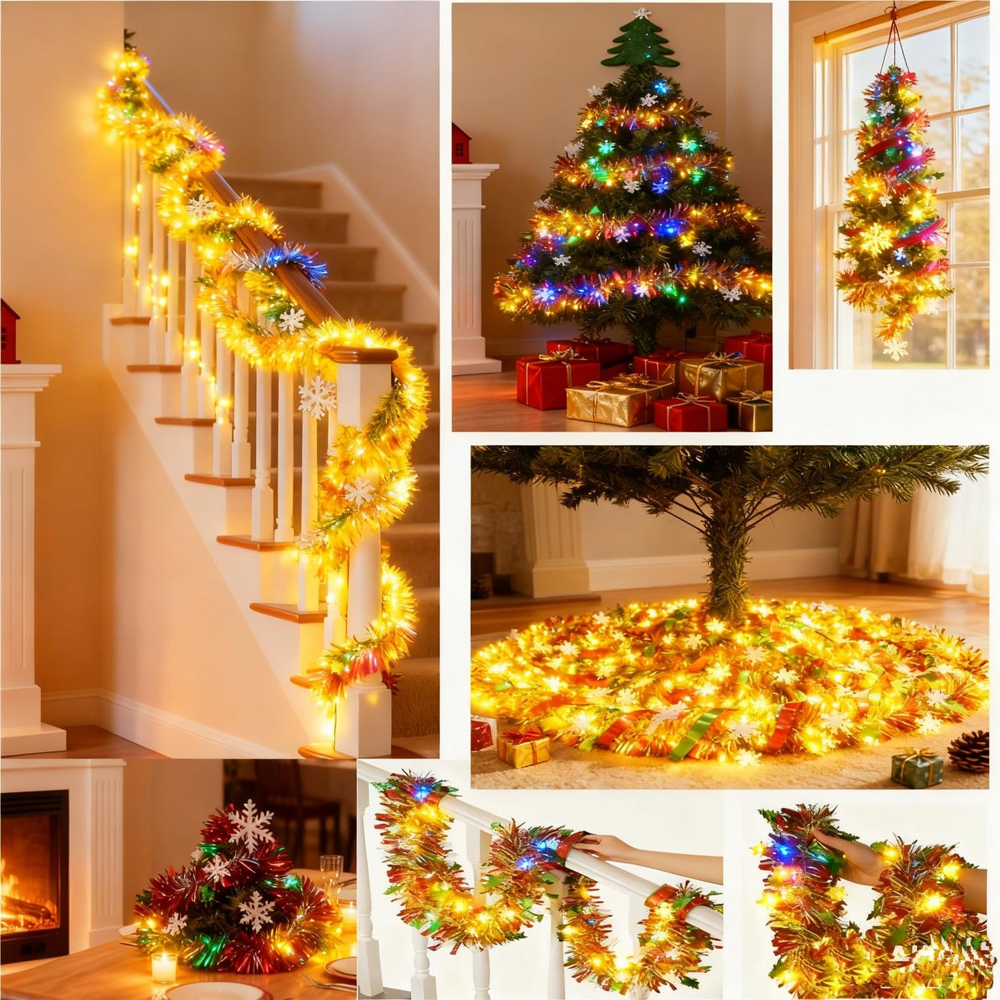 LKBBC Christmas Tinsel Garland with Light, 50 FT Metallic Tinsel Twist Garland Shiny Hanging Decor for Home Window Fireplace Indoor Outdoor, Xmas Ornaments Christmas Tree Decoration,White
