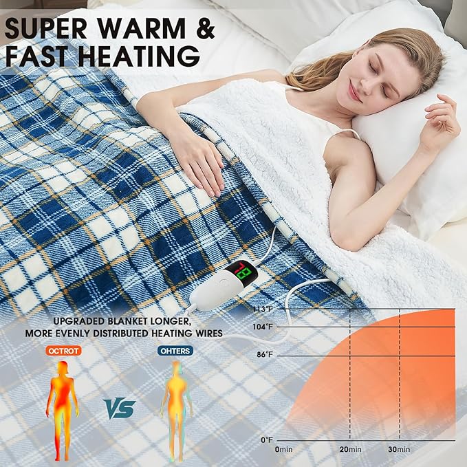 Heated Blanket Electric Throw 50X60, Heating Throw with 10 Levels 8 Hours Auto Off, Blue Plaid Sherpa Blanket Winter Warmer, Christmas Housewarming Gifts for Women Mom, Home Decor for Couch Bed Office