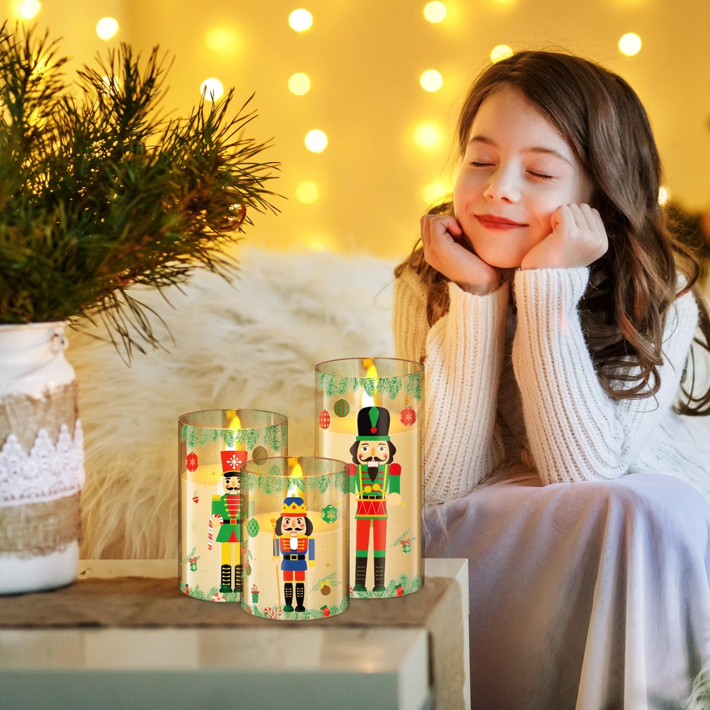 Blosssound 3 Pack Christmas Flameless Candles Battery Operated Xmas Nutcrackers Flameless Flickering Candles LED for Home Fireplace Winter Holiday Table Decorations Christmas Gifts