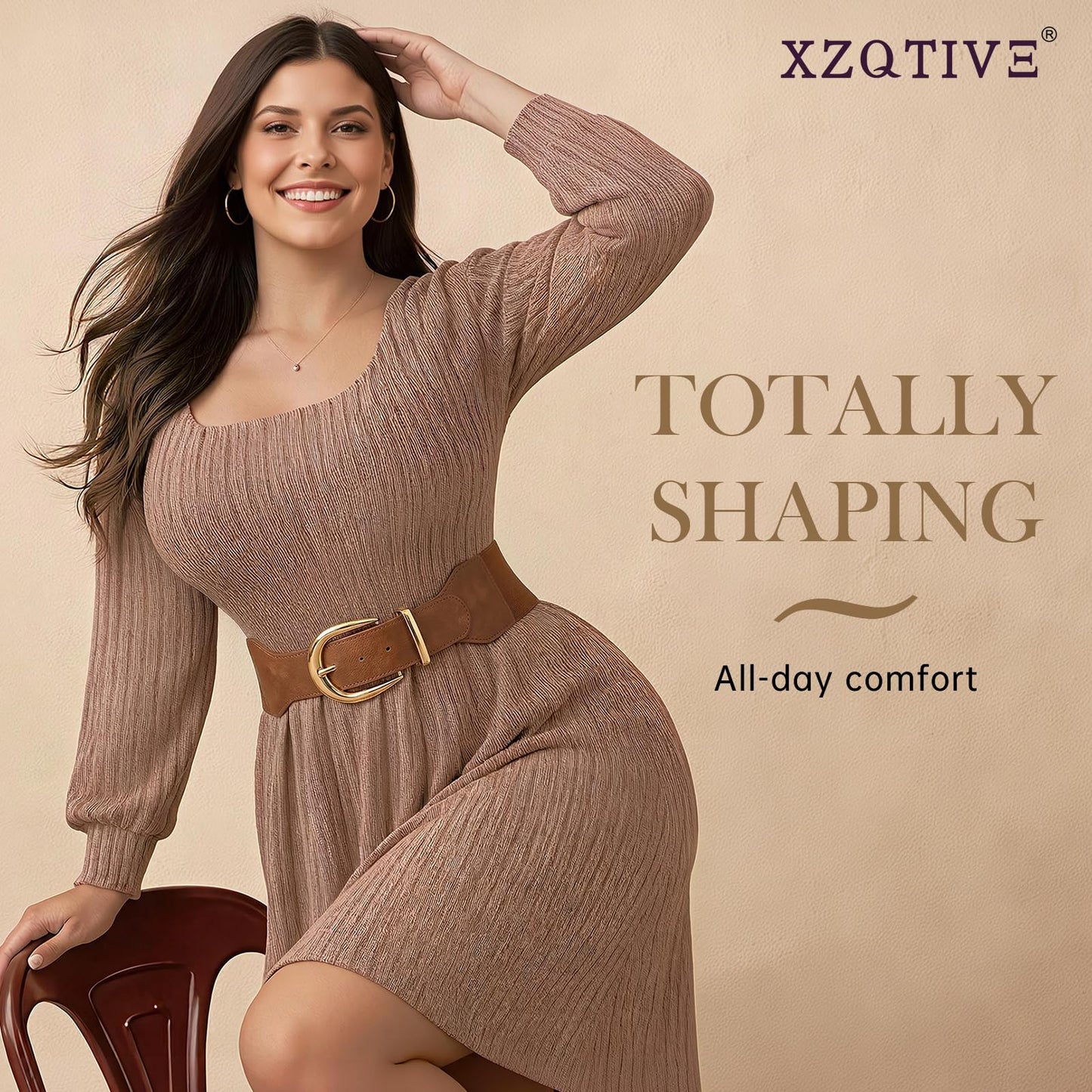 XZQTIVE Women Wide Elastic Waist Belt for Dresses Fashion Cinch Belts Stretchy Waistband with Gold Buckle, Brown(Fit Waist Size 34"-37")