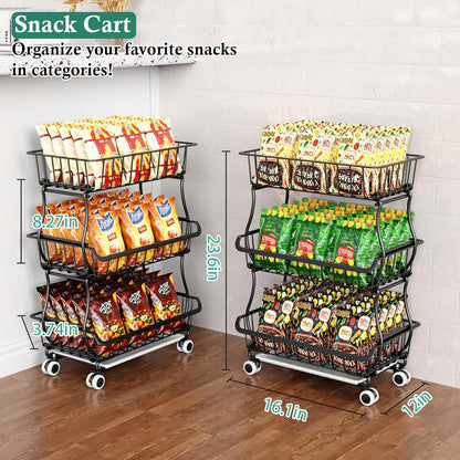 3-Tier Rolling Pantry Floor Organizer and Storage Cart with Wheels, Stackable Wire Pantry Baskets for Pantry Shelves, Kitchen Fruit Basket Stand and Storage Rack for Fruit Snack Onion Potato