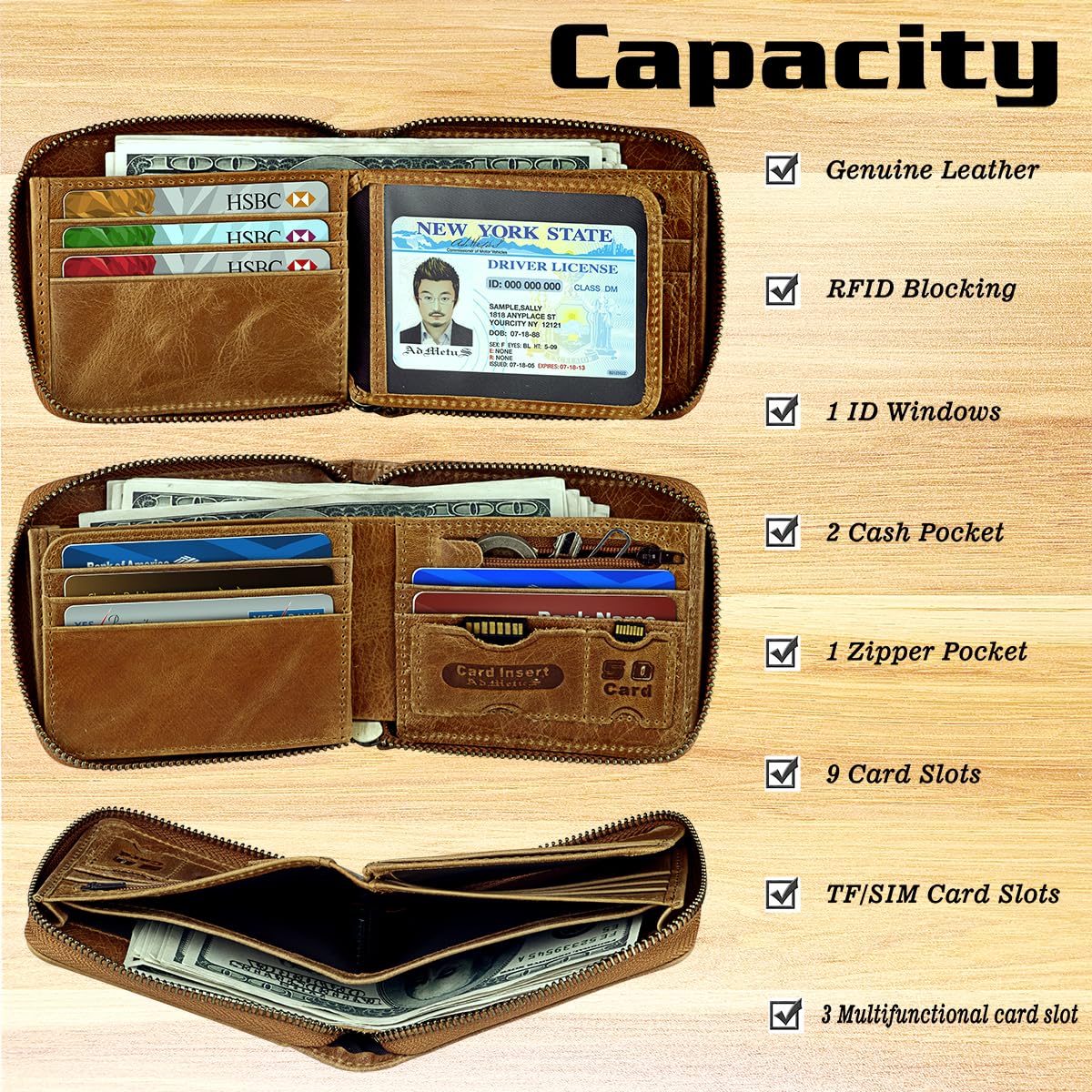 Mens RFID Blocking Wallets Zipper Leather Wallet for Men Bifold RFID Card Holder Tan