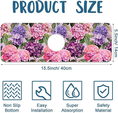 Colorful Hydrangea Sink Splash Guard Faucet Mat Purple Pink Hydrangea Super