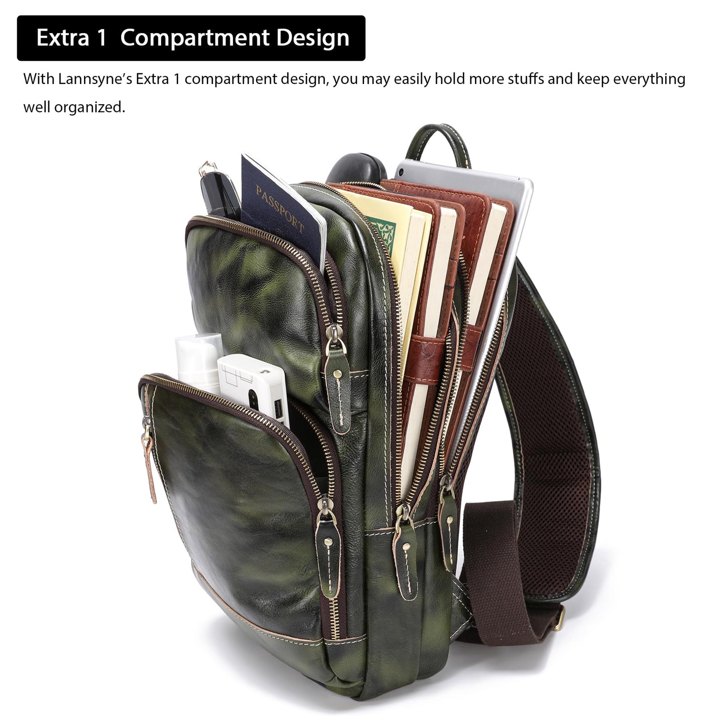 LANNSYNE Vegetable Tanned Leather Sling Bag For Men, Crossbody Chest Daypack fits 12.9" iPad