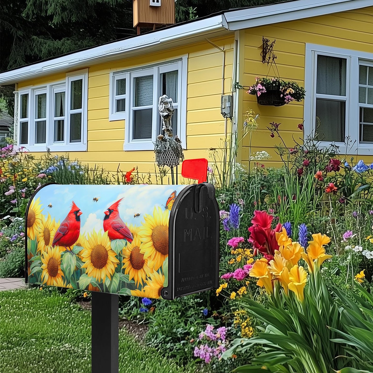 Cardinal Birds Mailbox Cover Summer Mailbox Covers Magnetic Standard Size 21x18 inch Sunflower Bee Butterfly Mail Box Covers for Outdoor Farmhouse Garden Yard Decor Red Bird