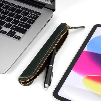 JANKINGS Crazy Horse Leather Zipper Pen Pouch Handmade, Single Pen Case Fountain Pen Sleeve Holder Pouch Cover Vintage, Mini Pencil Bag (Green)