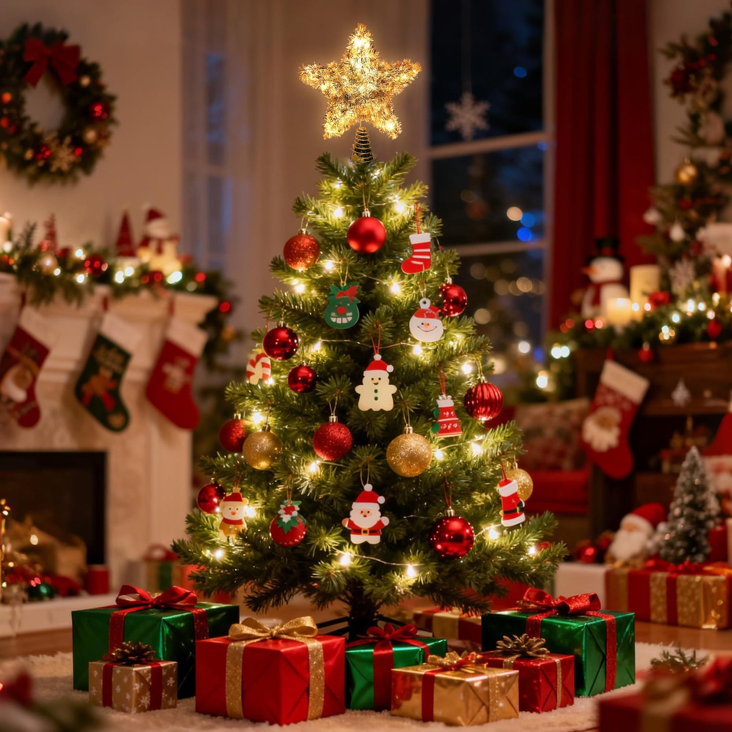 Joytry Christmas Tree Topper Star Shiny Gold Tinsel Star Tree Topper 10 Inch Lighted Tree Topper Battery Operated Christmas Tree Decoration for Holiday Indoor Decoration Warm White Light
