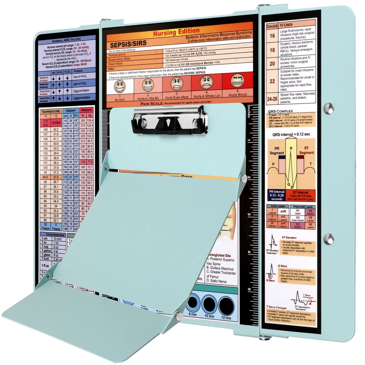 Nursing Clipboard Foldable,Nurse Clipboard 3 Layers Aluminum w/Nursing Medical Edition Cheat Charts, Foldable Nursing Clipboard w/Low Profile Clip,Pocket Clipboard for Students/Nurses/Doctors,Mint