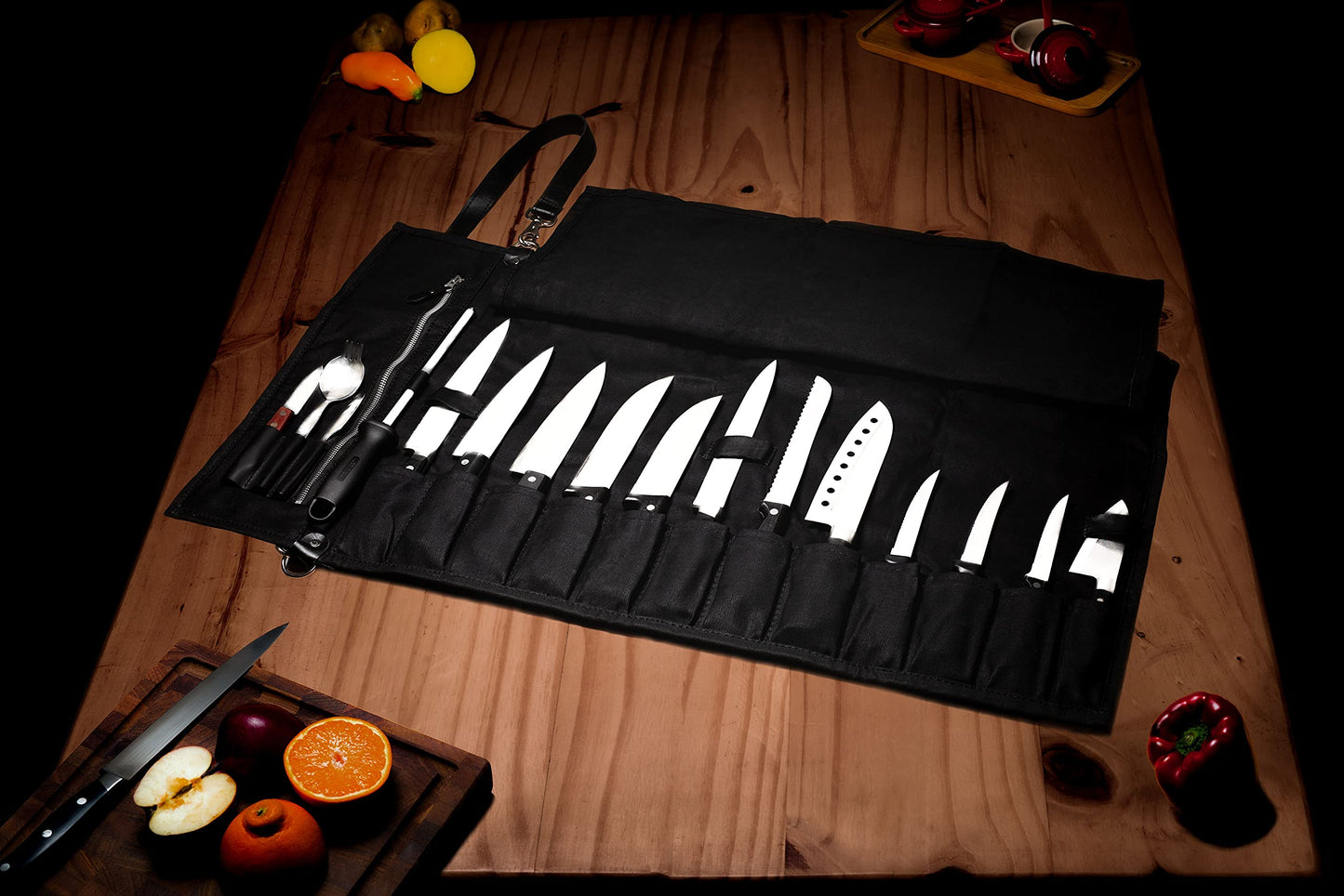 EVERPRIDE Waxed Canvas and Genuine Leather Trim Chef Knife Roll Bag Holds 12 Knives and Cooking Tools – Durable, Large Knife Case – Elegant Chef Bag for Professional Cooks and Students