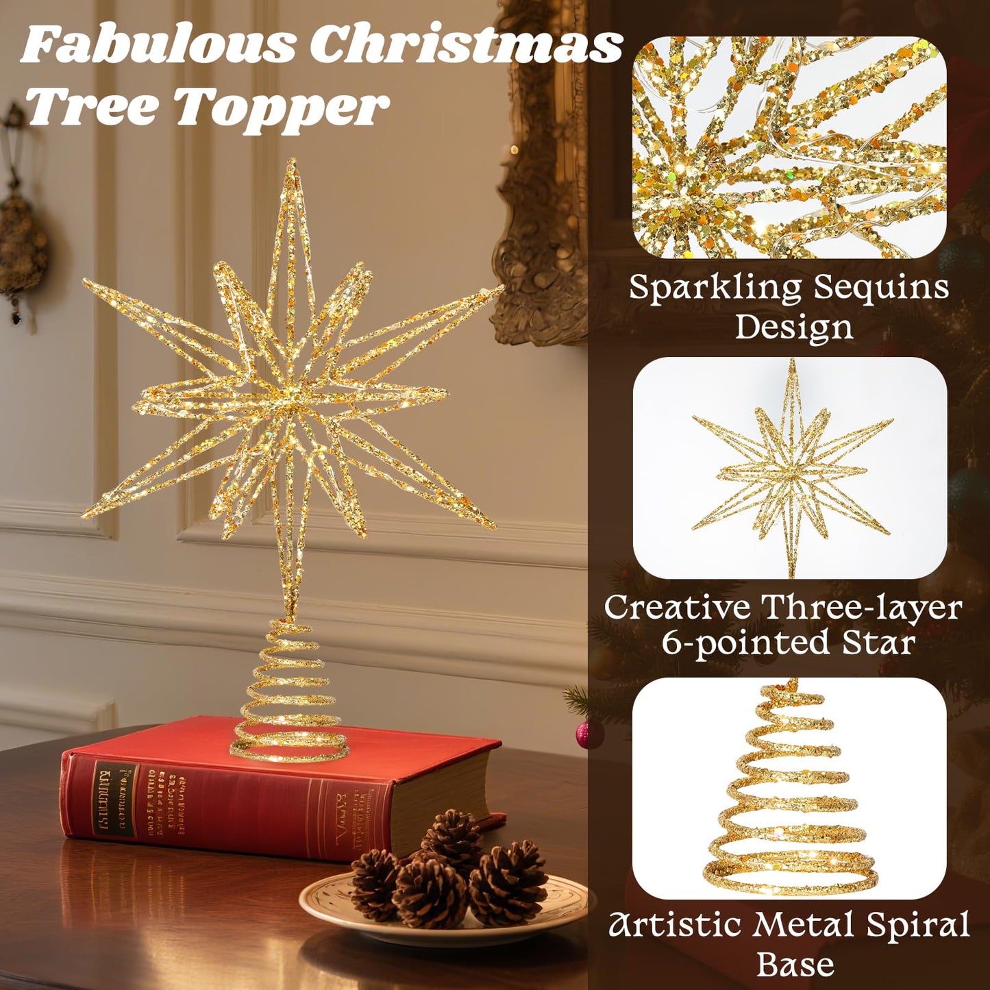 Lewondr Christmas Tree Topper, 13.78'' Metal Xmas 3D Geometric Tree Topper with 30 LED Bulbs, USB Remote Control Lighted Multi-Pointed Star Treetop, 6H Timer, 8 Modes Christmas Decor for Home, Gold