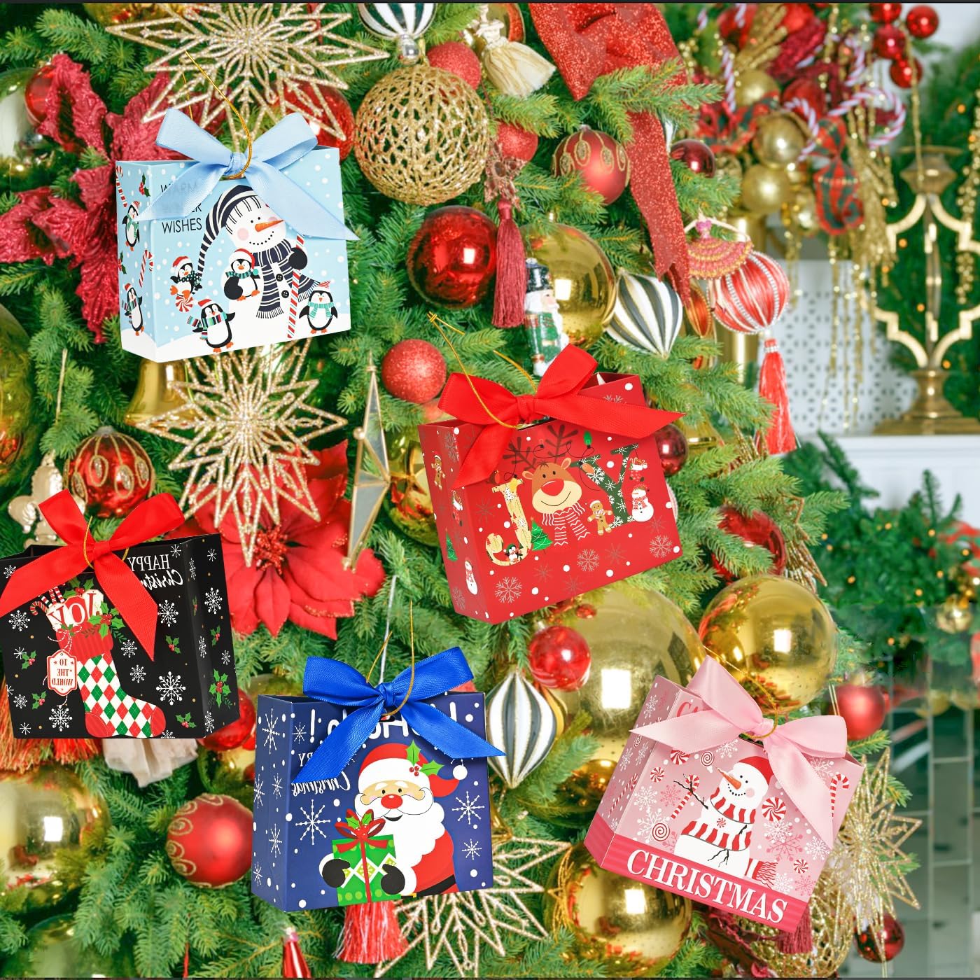 Nimbbex 24Pack Small Christmas Gift Bags Bulk, 4.5×4×1.8 Inches Mini Christmas Gift Bags with Ribbon, small holiday gift bags, Xmas Tree, Party Supplies