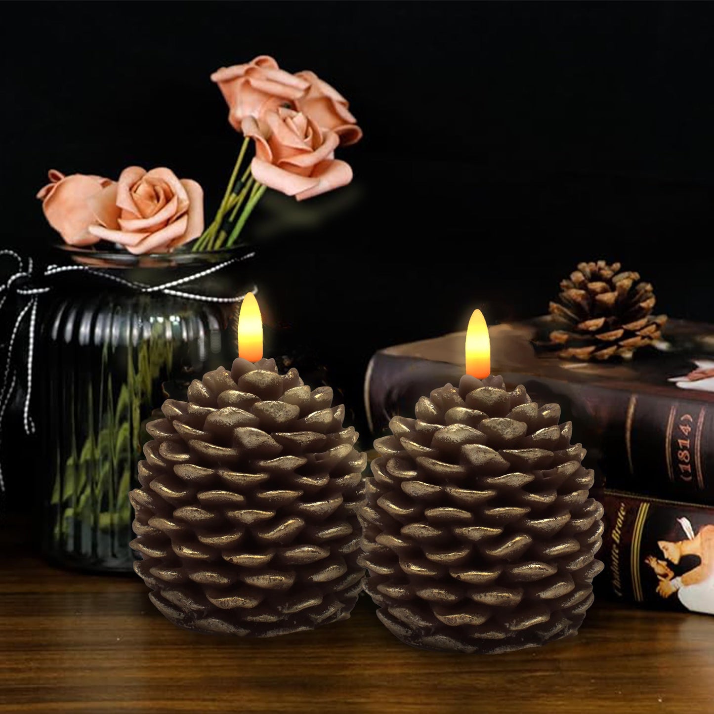 CVHOMEDECO. Pine Cone Candles Battery Operated Pinecones with Remote and Timer, Pine Cones Candle LED Flameless Flickering Candles for Fall, Christmas Decor. Golden-Brown, H 4.8 Inch, Pack of 2