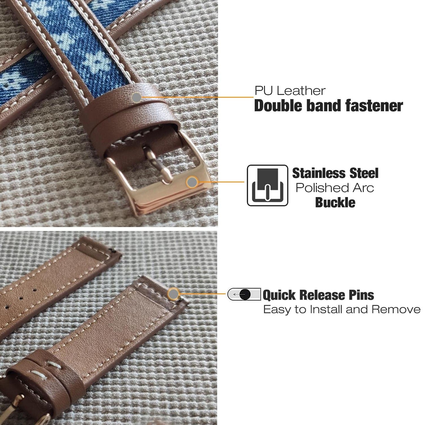 Abanen Denim Leather Watch Band for Samsung Galaxy Watch 4 / Galaxy Watch 5, 20mm Canvas Fabric Strap with Soft PU Leather Lining Wristband for Galaxy Watch 4 Classic 42mm / 46mm (Brown-Blue)