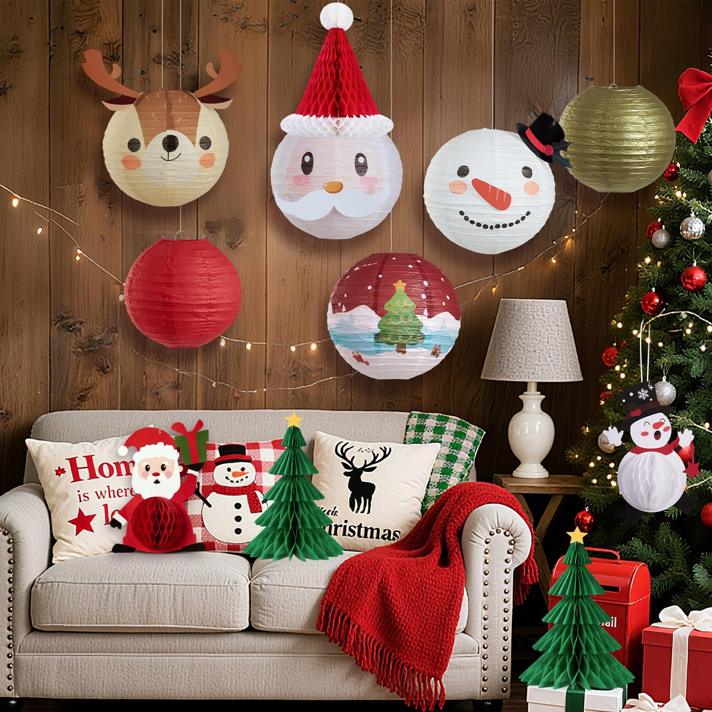 OBBOLO Christmas Hanging Paper Lanterns and Honeycomb Set, 11 PCS Santa Snowman Reindeer Theme Lanterns and Paper Christmas Tree Honeycombs, Holiday Ceiling Party Decorations for Home, Classroom