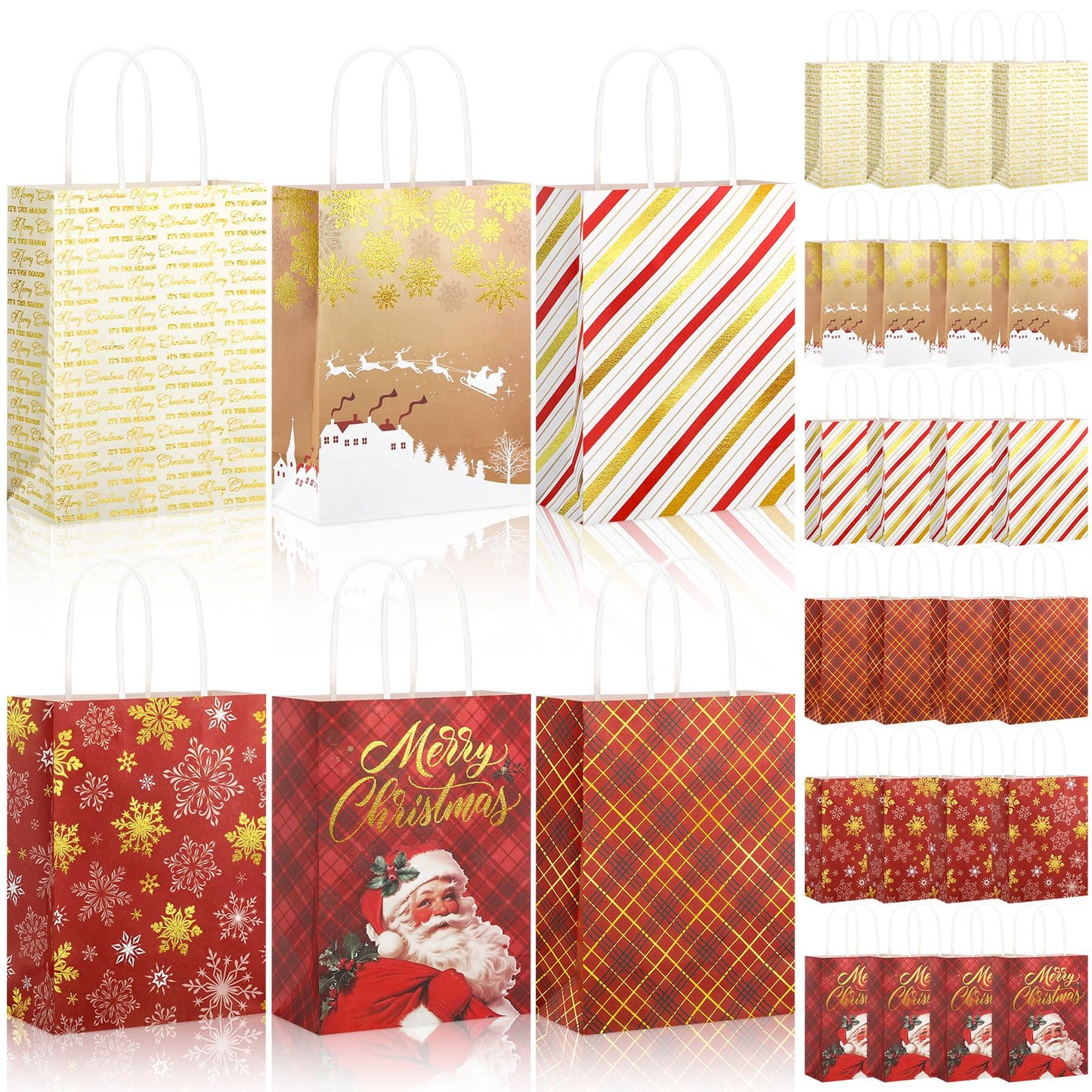 24 Pcs Christmas Gold Foil Gift Bags with Handles, 6 Assorted Xmas Designs, 8.3 x 6 x 3.5'' Holiday Kraft Paper Red and Gold Gift Bags for Christmas New Year Winter Party Favor, Goody Treat Wrapping