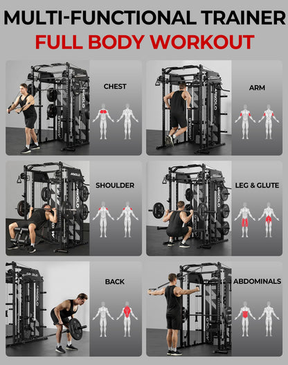 Mikolo Smith Machine with Weight Stack, Power Cage Home Gym System with LAT Pulldown & Cable Crossover, Multi-Functional Trainer with Dual Pulley System, BP 230lbs