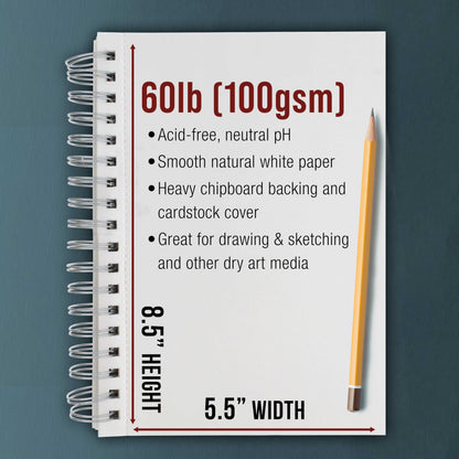U.S. Art Supply 5.5"x8.5" Sketch Book Pad, 3 Pack (100 Sheets Each), 60lb (100gsm) Spiral Bound - Sketching, Drawing Pad, Acid-Free Paper - Sketch Pads for Adults, Students: Colored Pencils, Charcoal