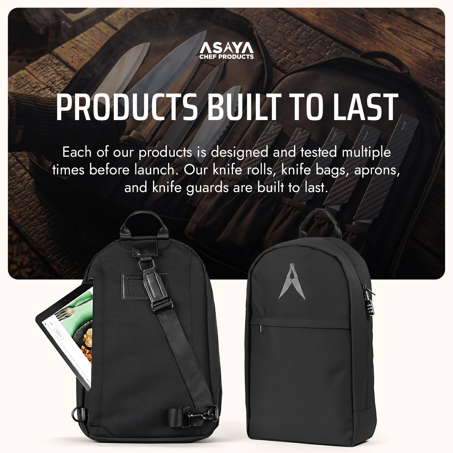 Asaya Chef Knife Sling Bag - 29 Pockets for Knives and Kitchen Utensils - Business Card Holder and Lock - Water Resistant and Durable Ballistic Nylon Backpack for Chefs