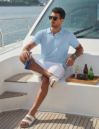 COOFANDY Knit Shirts for Men Polo Shirts Short Sleeve Casual Textured Collared Polo Shirt Golf Old Money Polos Light Blue