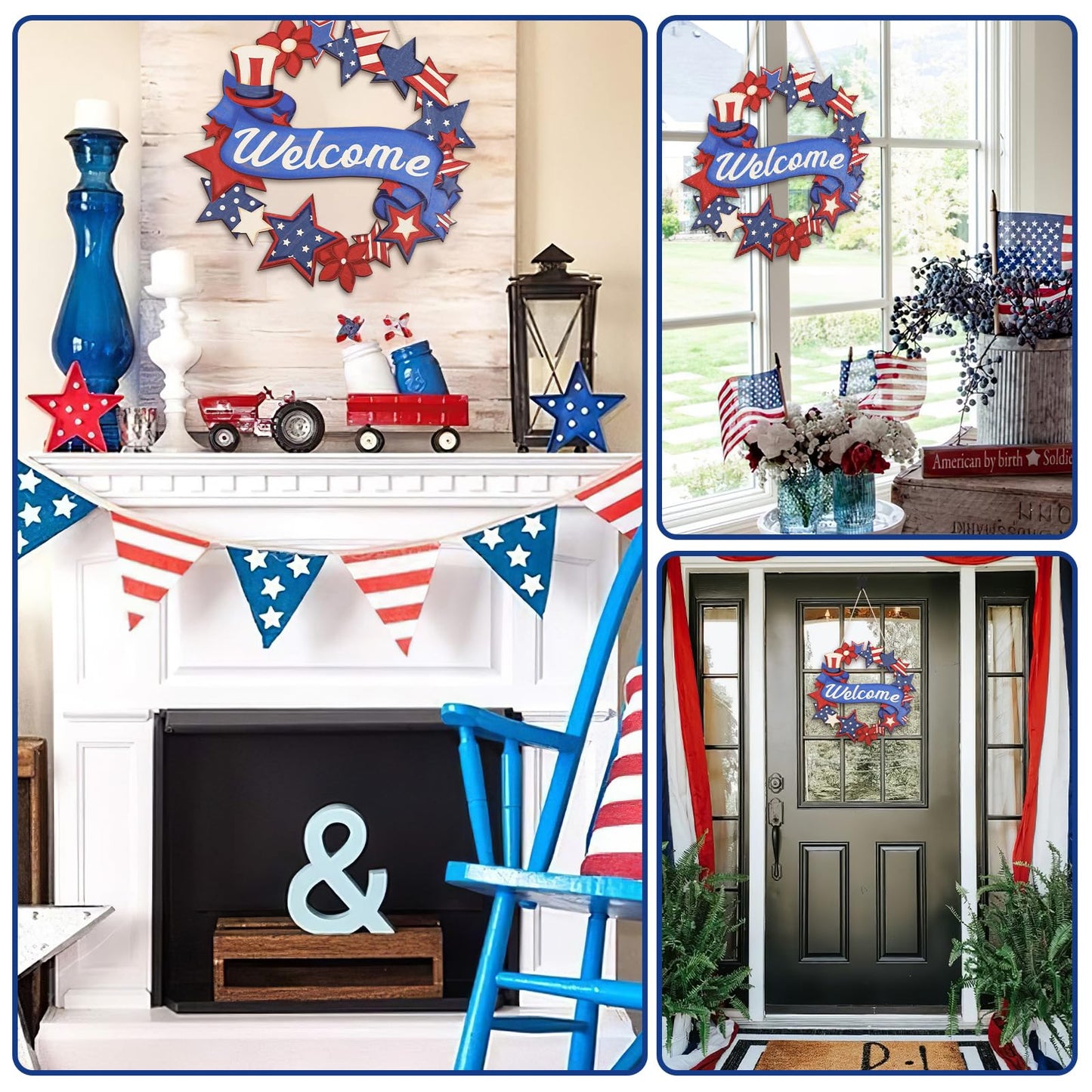 4th of July Decorations Wooden Welcome Sign, Wooden American Flag Star Wreath, Outdoor Wall Hanging for Front Porch, Veterans Day Home Decor (4th of July)