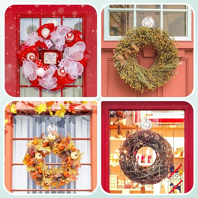 VIS'V Wreath Hanger, Large Suction Cup Wreath Hooks with Wipes, Heavy Duty, 22 LB Capacity, Removable and Reusable, Clear, 8 Pcs