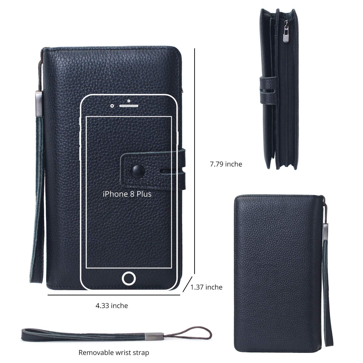 Bveyzi Women's Big Fat Rfid Leather Wristlet Wallet Organizer Large Phone Checkbook Holder with Zipper Pocket (Black)